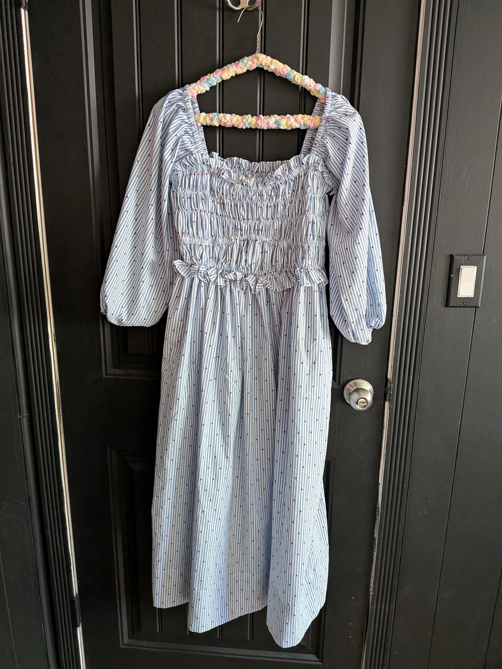 Maeve Light Blue Stripe Smocked Puff-Sleeve Dress